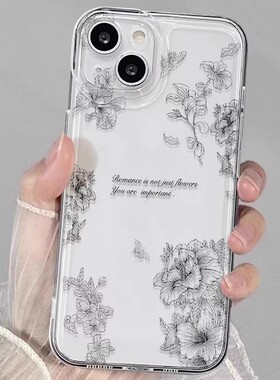 适用于iPhone15prox手机壳新款14高级感13pro透明12满屏鲜花简约潮流硅胶小众全包女套16promax苹果花朵防摔
