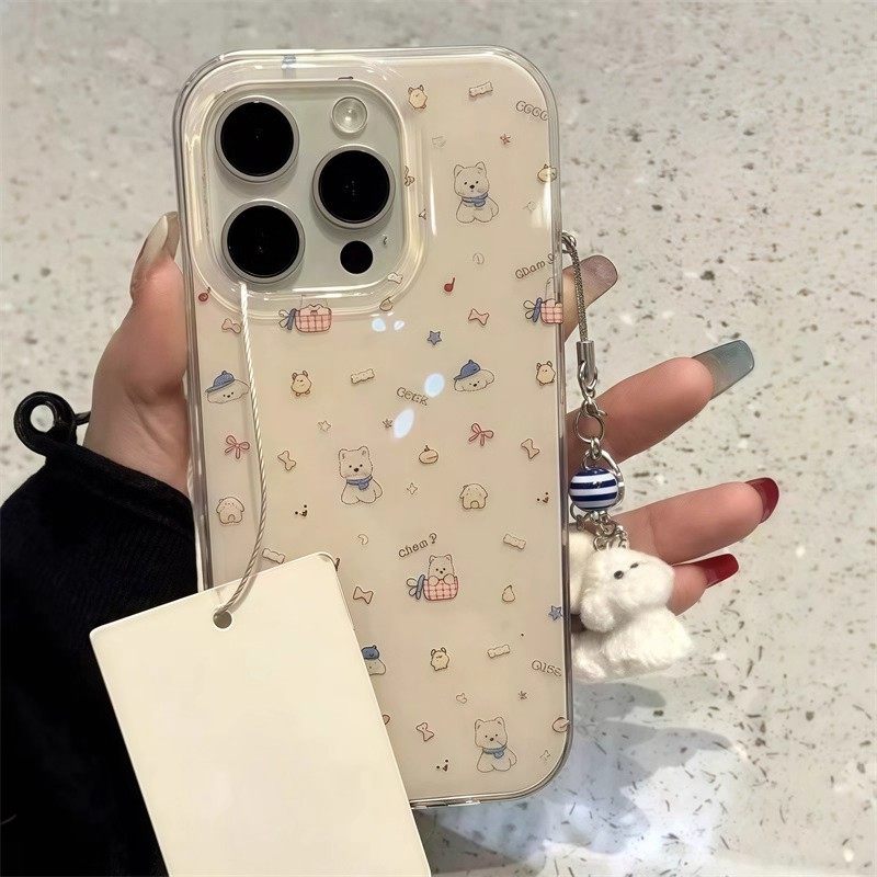 卡通可爱小狗涂鸦适用苹果16promax手机壳15/14新款13女12简约11pro手链X/XR挂件7/8plus网红6plus白色大孔