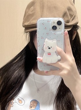 小清新蓝色格纹小狗适用苹果17promax手机壳支架16/15卡通14女13简约11pro防摔X/XR樱桃7/8plus情侣6plus大孔