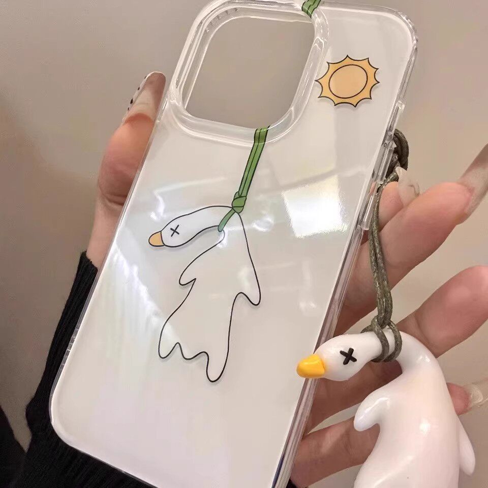 可爱变色鸭鸭适用苹果16promax手机壳15/14新款13女12简约11pro烤鸭X/XR挂件7/8plus网红6plus白色大孔