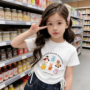 2026儿童夏季新款女童短袖洋气T恤爆款中大童抽绳短款上衣潮流风