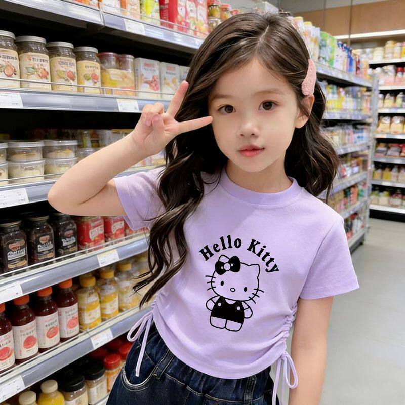 女童纯棉短袖2026新款夏季儿童中大童外穿上衣抽绳设计kitty爆款