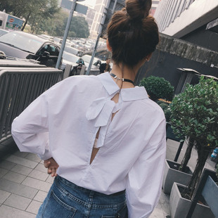 纯色小心机衬衫 性感露背长袖 纯白色上 个性 2019早秋冬ins同款