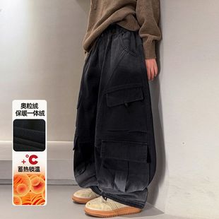 男童2025新款冬季加绒牛仔工装裤一体绒炸街中大童宽松百搭阔腿裤