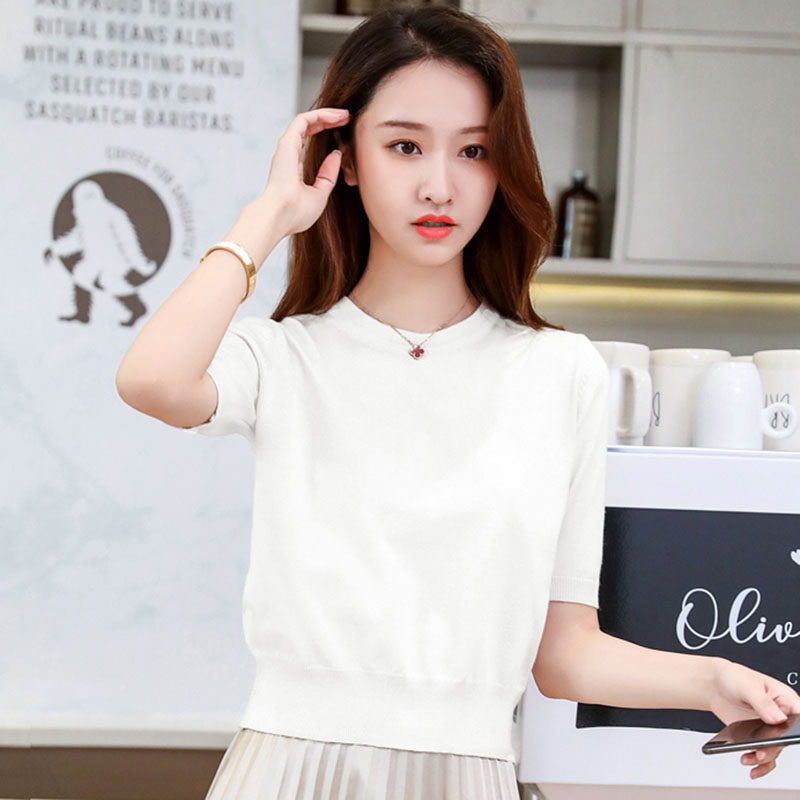 小个子薄款冰丝针织打底衫短袖T恤女夏内搭修身高腰短款毛衣女士