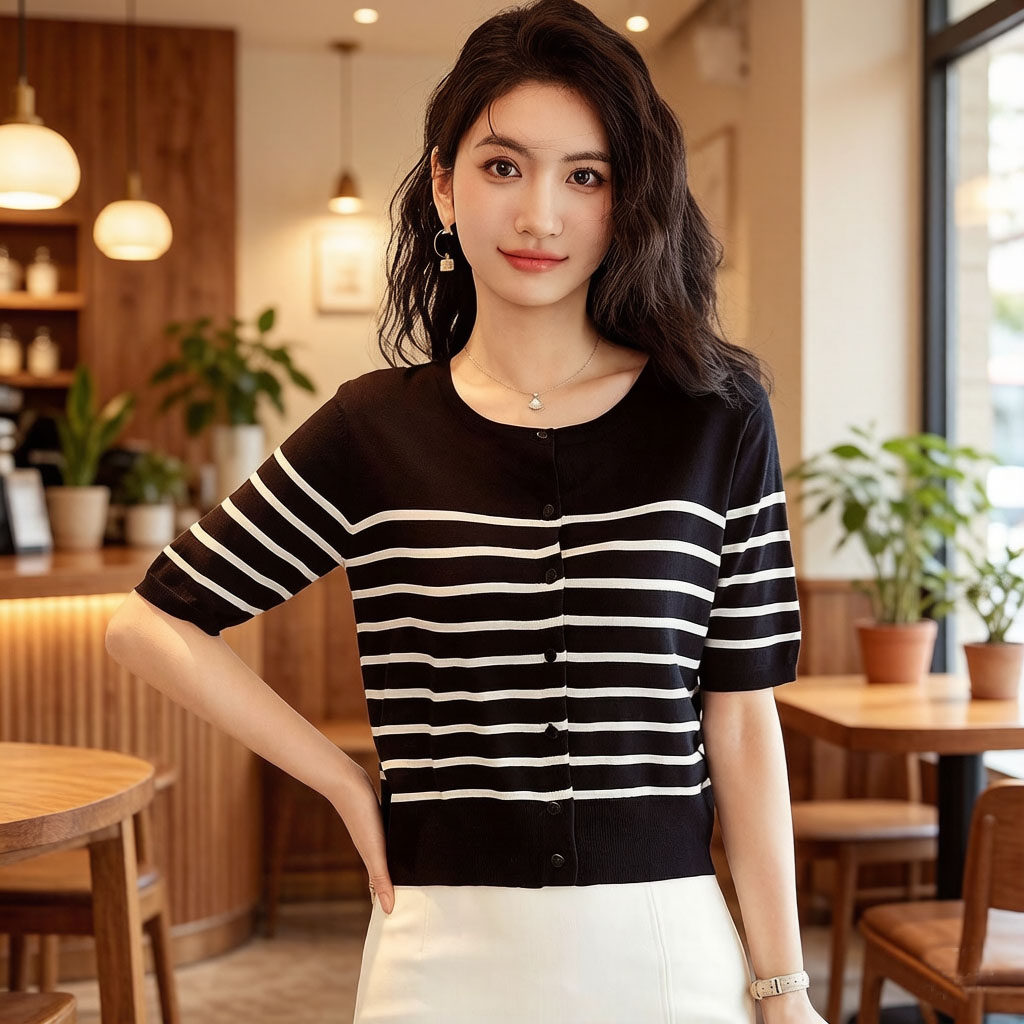 衣服女2026新款爆款短袖冰丝针织衫条纹小香风开衫小外套短款上衣