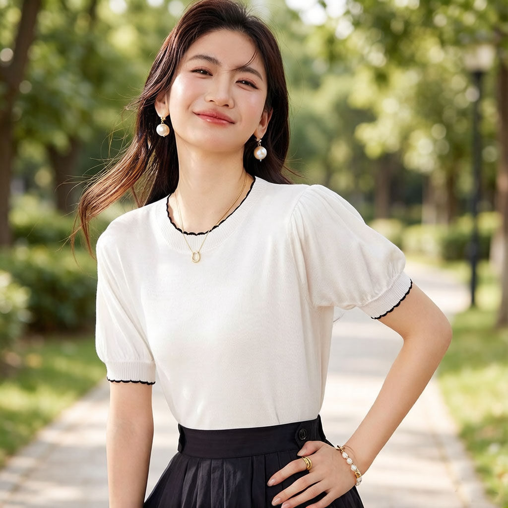 百搭小香风薄款短袖女T恤冰丝圆领2026夏季新款蓝色洋气针织上衣