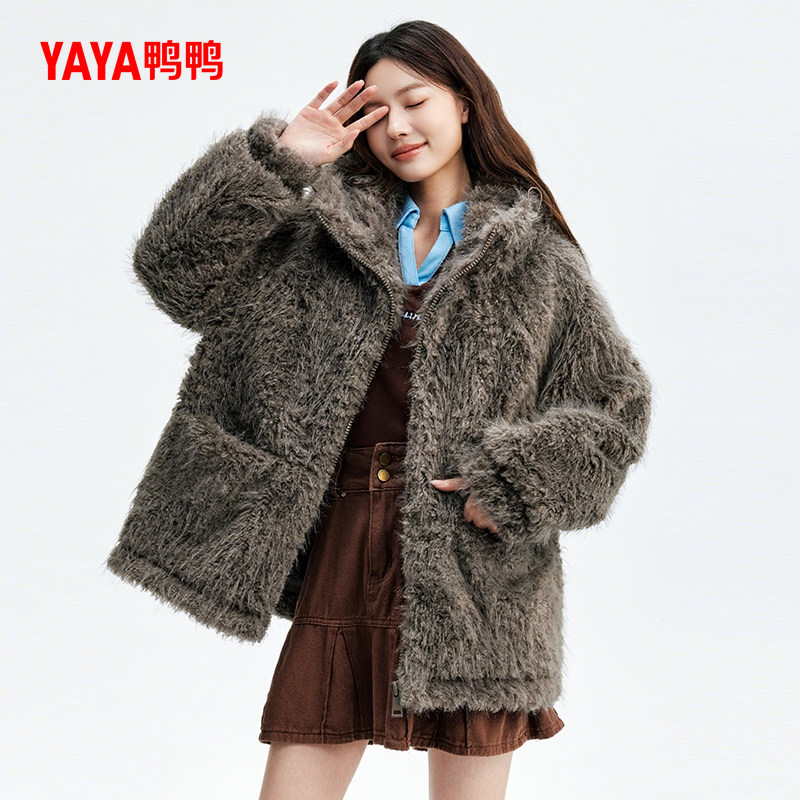 鸭鸭羽绒服连帽短款金丝绒外套
