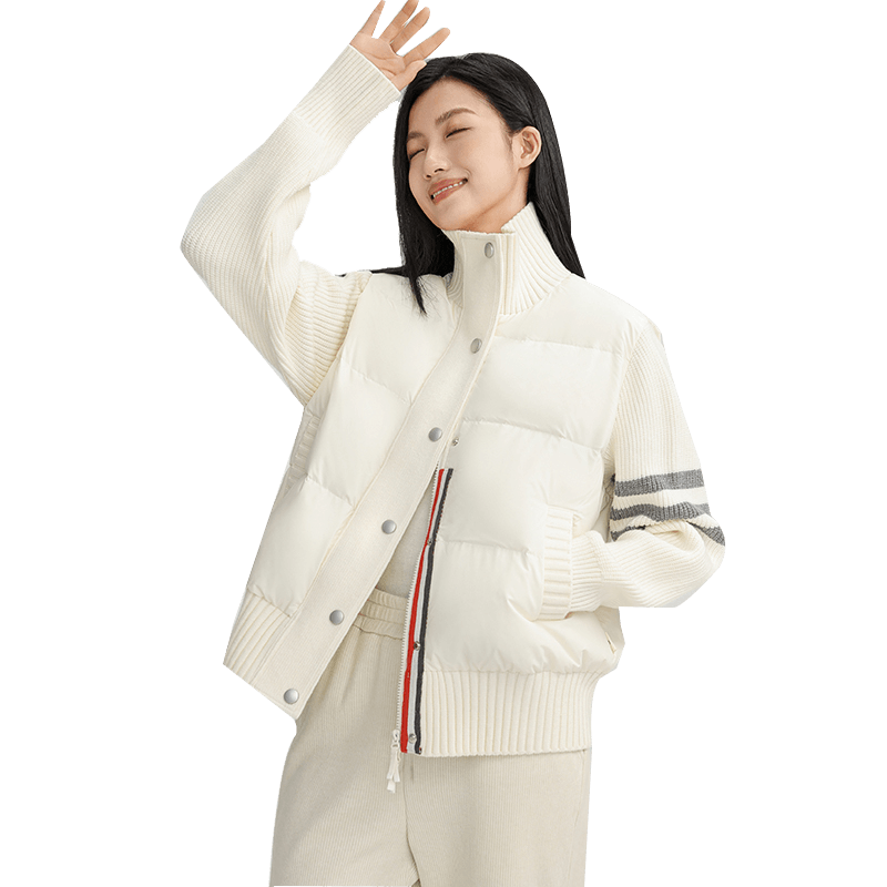 鸭鸭拼接针织立领轻薄羽绒服女