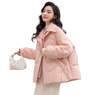 鸭鸭粉色羽绒服女款2025秋冬反季短款时尚休闲翻领加厚保暖外套Y