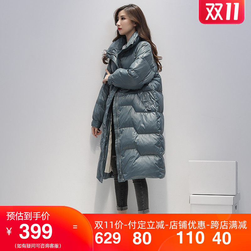 鸭鸭羽绒服女中长款长过膝2020年冬季新款立领休闲亮面宽松时尚潮
