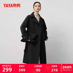 鸭鸭过膝长款风衣羽绒服2025冬新品显瘦蝴蝶结系带保暖收腰外套S