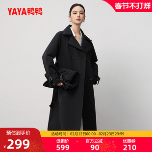 鸭鸭过膝长款风衣羽绒服2025冬新品显瘦蝴蝶结系带保暖收腰外套S