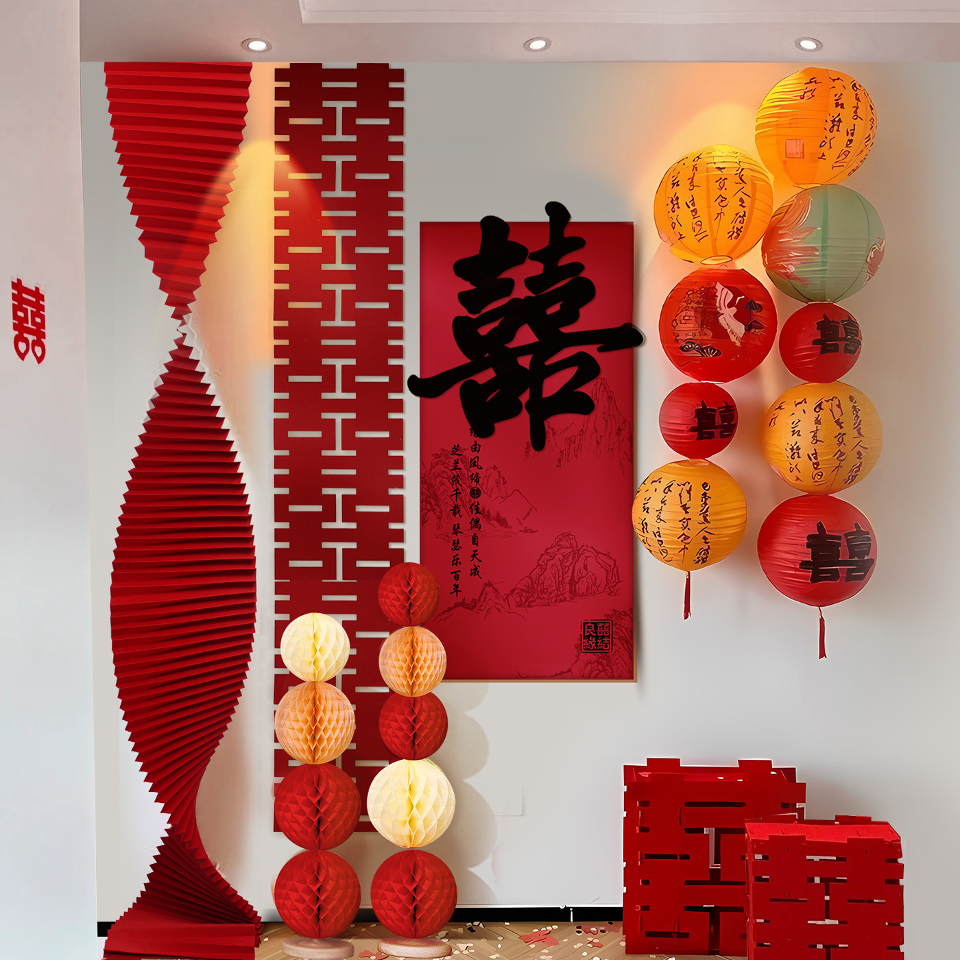 婚房布置套装女方房间背景墙面装饰结婚男方新房客厅卧室拉花喜字