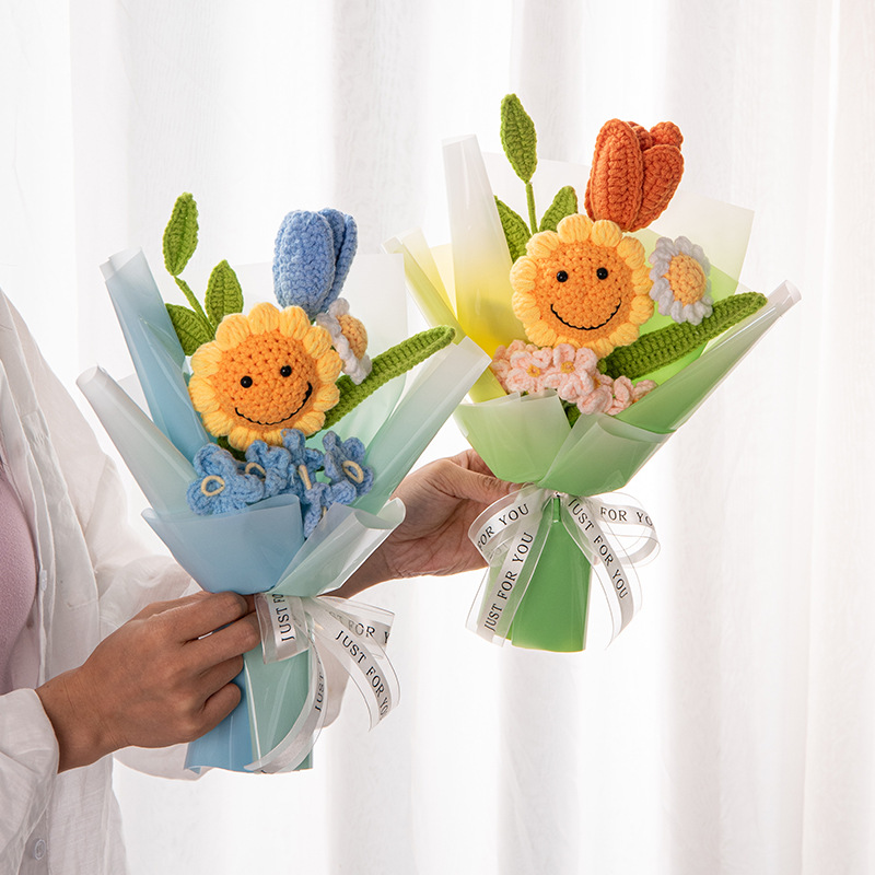 针织向日葵笑脸博士帽毛线花束成品毕业礼物永生花亚马逊爆款同款