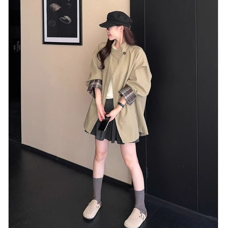 2025秋新款撞色格纹小个子风衣外套女廓形宽松显瘦百搭英伦风