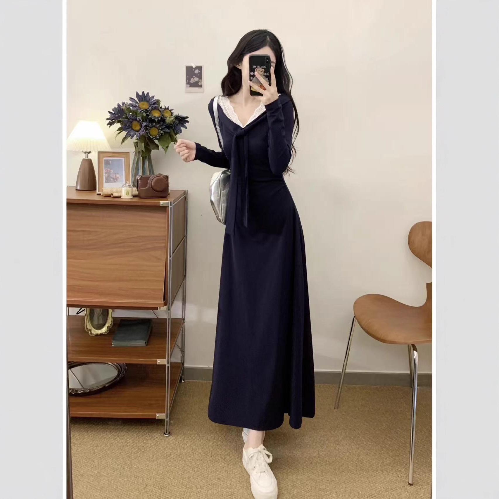 大码韩版感长袖连衣裙女秋季胖MM遮肚显瘦裙子别致漂亮a字裙女装