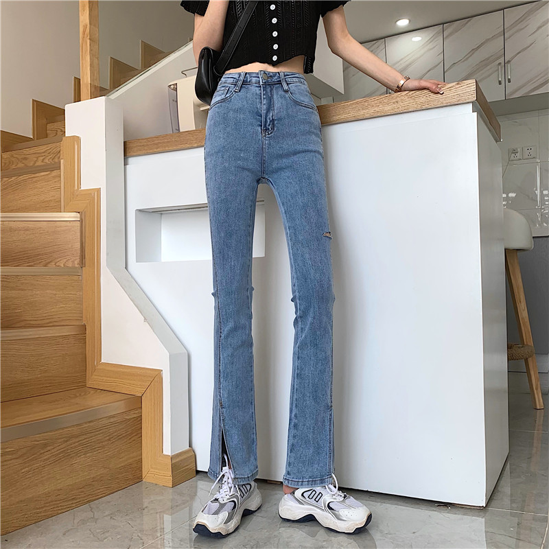 Real price 2021 net red high waist slim stretch slit micro hole jeans