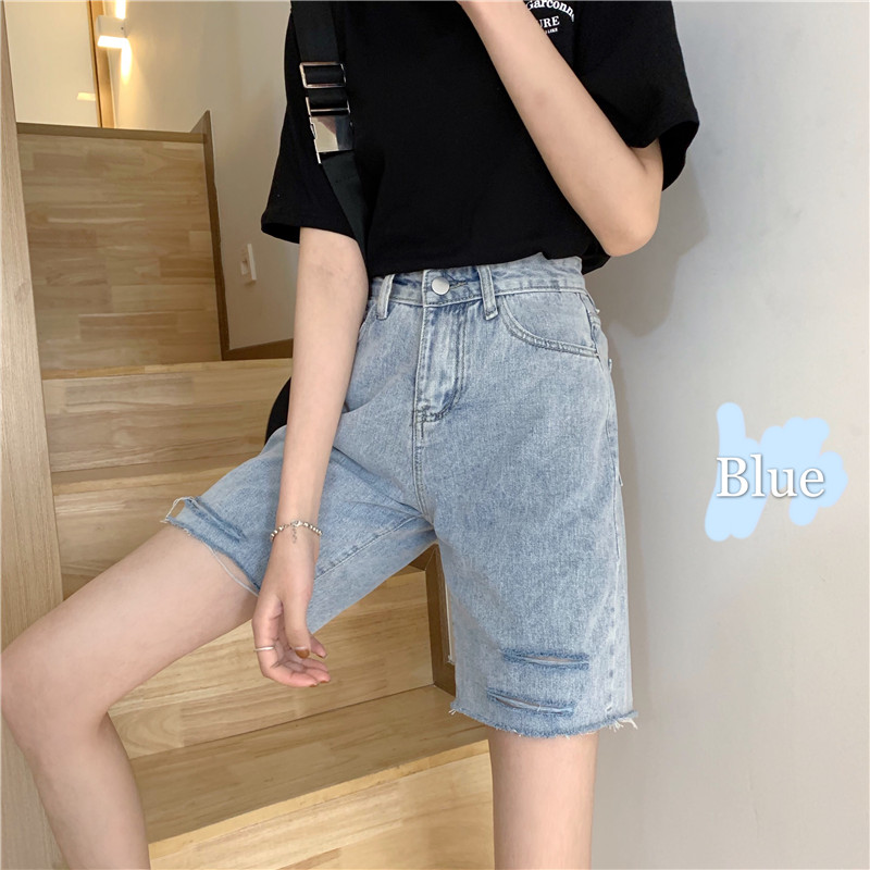 Real shot real price summer burr hole denim medium length shorts 5-point straight jeans women