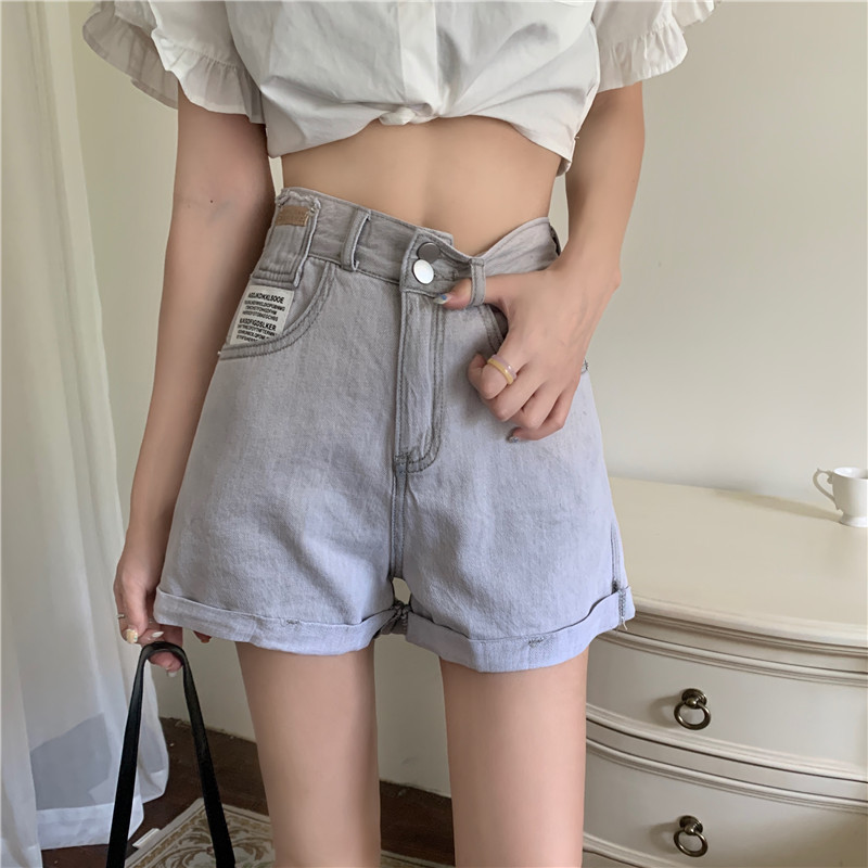 Real shot real price summer elastic waist versatile rolled edge A-line denim shorts hot pants