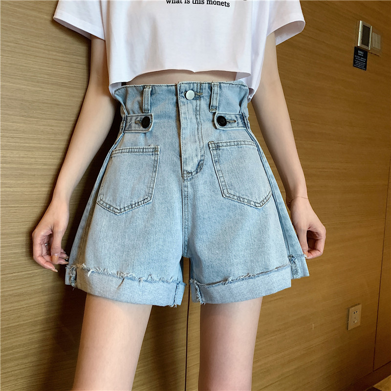 A-line denim wide leg shorts with high waist and thin curled edge in spring and summer