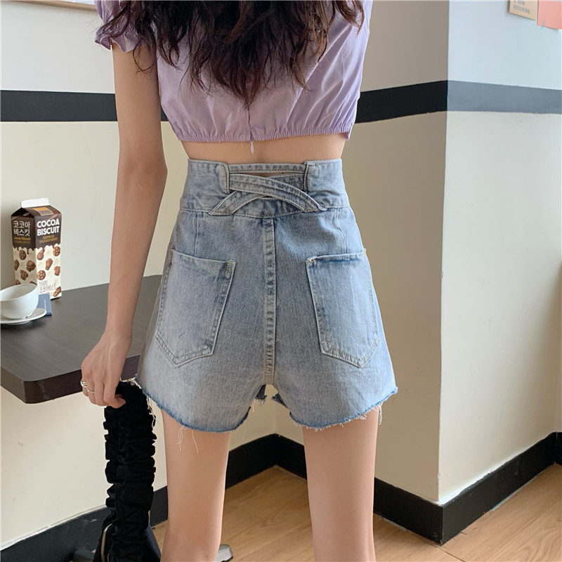 Real photo real price summer two button high waist loose burr hole thin denim shorts