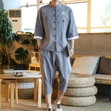 男士七分袖套装七分裤大码棉麻中国风男套装钱塘2026-TZ9006-P80，男装T恤，星座1512