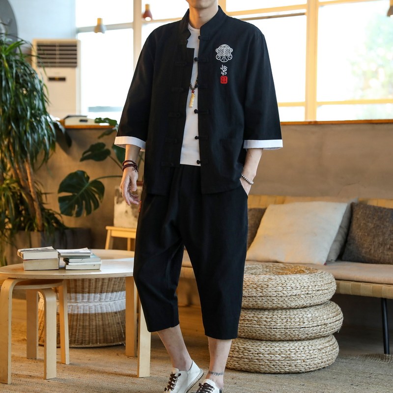 男士七分袖套装七分裤大码棉麻中国风男套装钱塘2026-TZ9006-P80,男装T恤,星座1512