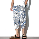 大码男裤棉麻中国风印花灯笼裤男七分裤钱塘2026-K8820-P35，男装休闲裤，星座1512