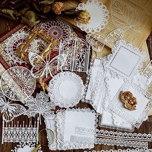 陌墨 镂空蕾丝爱丽丝茶话会复古花庭院之门手帐DIY装饰素材打底纸
