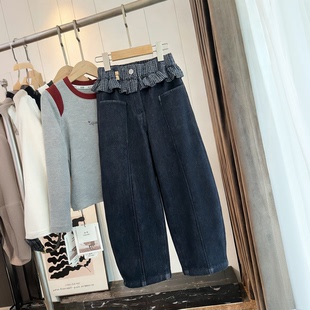 亲子直筒长裤 儿童加绒加厚弯刀裤 25秋冬款 女童格子裙一体绒牛仔裤