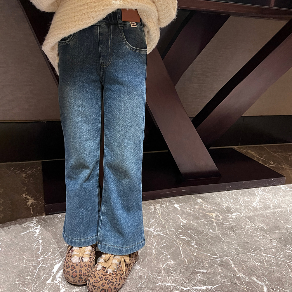 女童直筒加绒牛仔裤子冬中大童