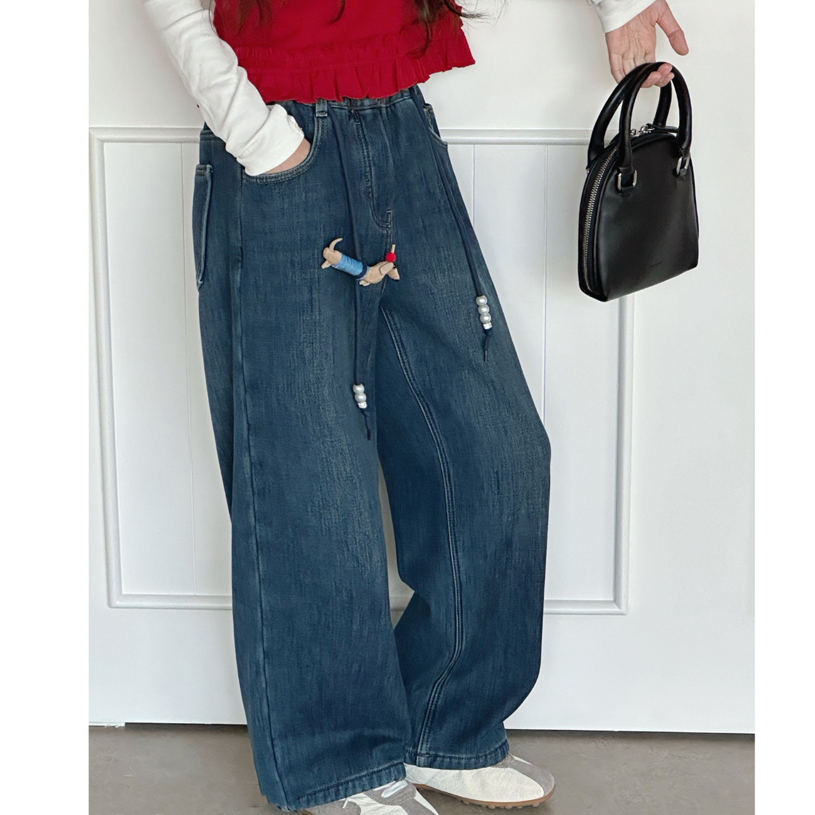 女童宽松加绒牛仔裤阔腿裤直筒