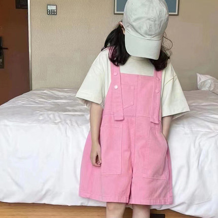 童装女童背带裤2026春夏儿童背带中裤宝宝五分裤中大童牛仔短裤童