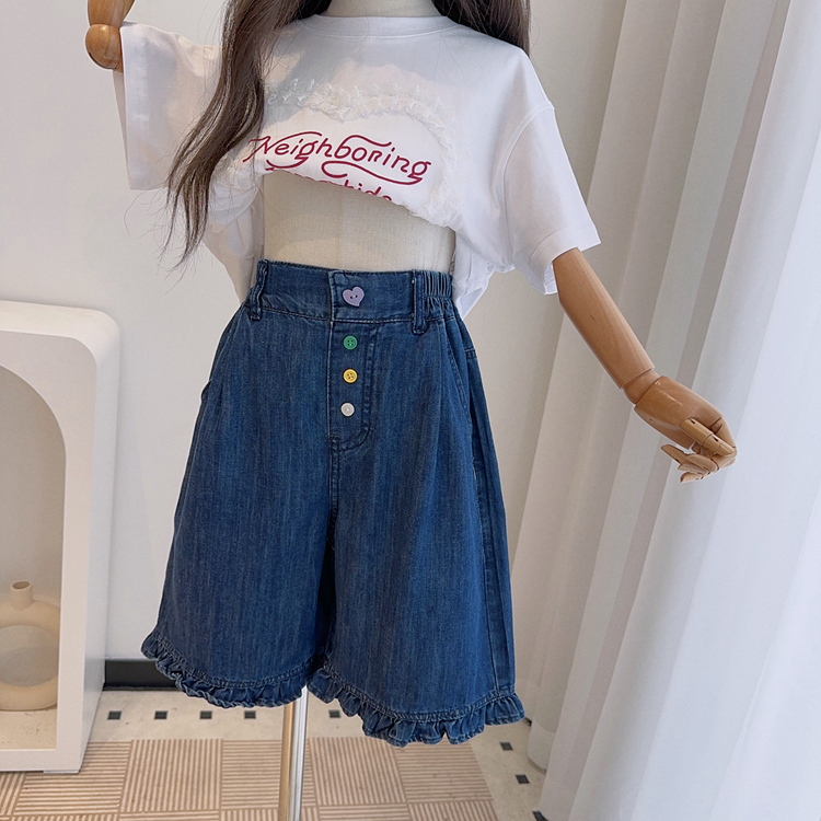 女童装2025夏款彩色扣子牛仔中裤韩版淑女风休闲裤小个子五分短裤