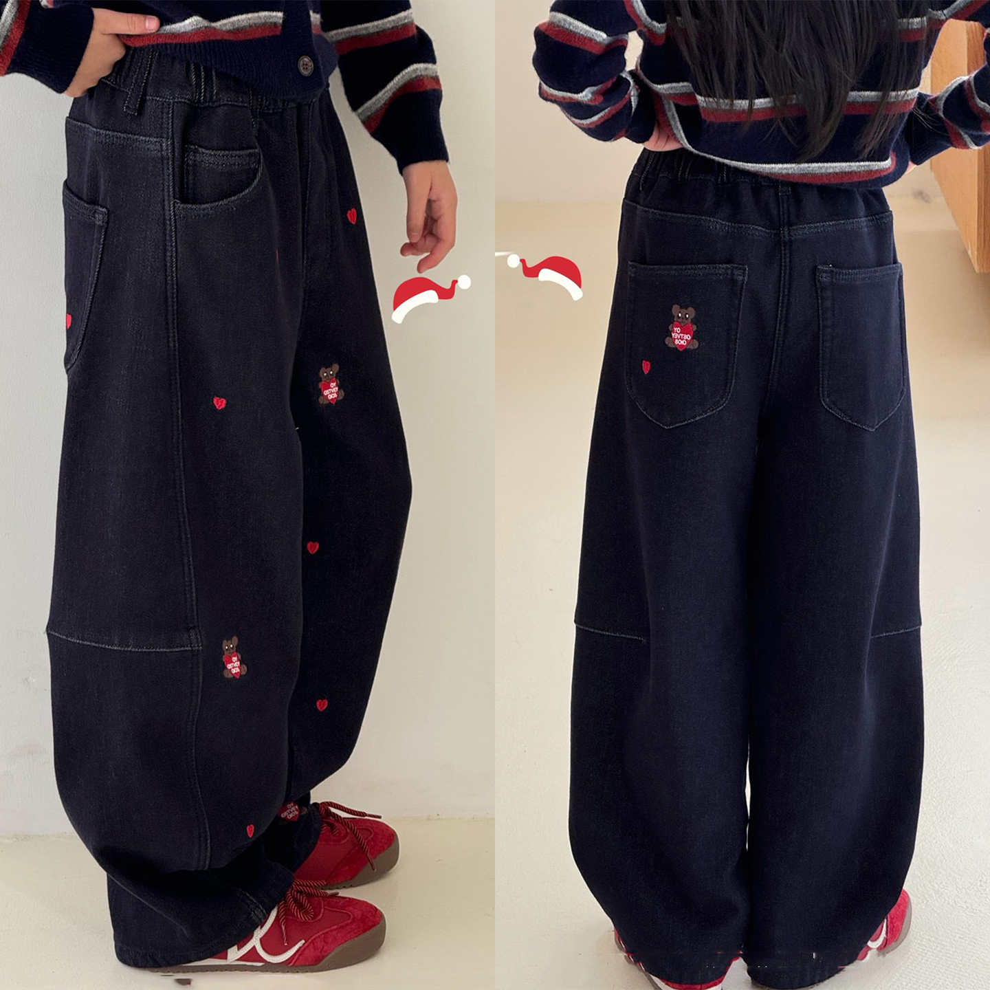 男女童一体绒加绒刺绣小熊牛仔裤