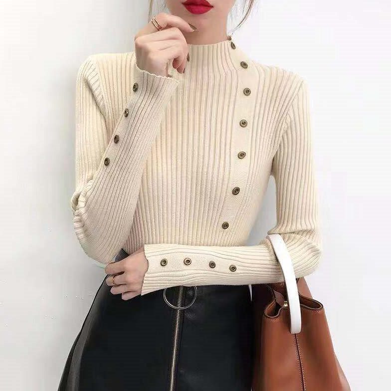 Half high neck sweater women's new fall winter Pullover Sweater with thickened long sleeves and a slim tight bottoming shirt