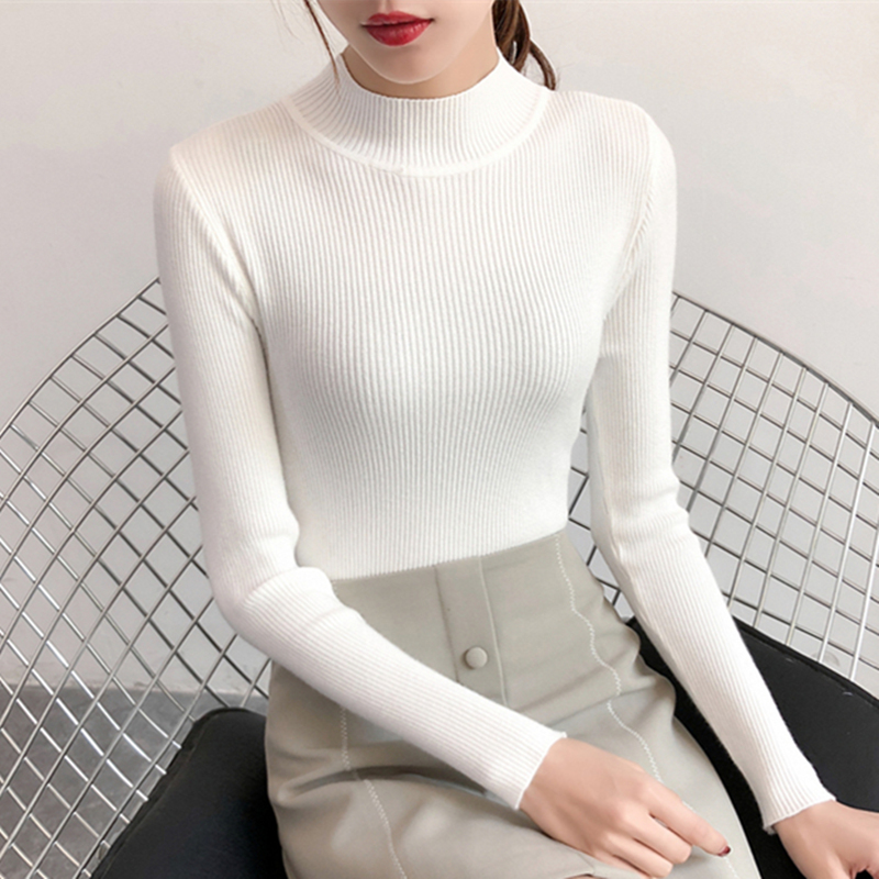 Autumn and winter new half high neck Pullover short sweater with slim fit and tight long sleeve bottomed T-shirt for women