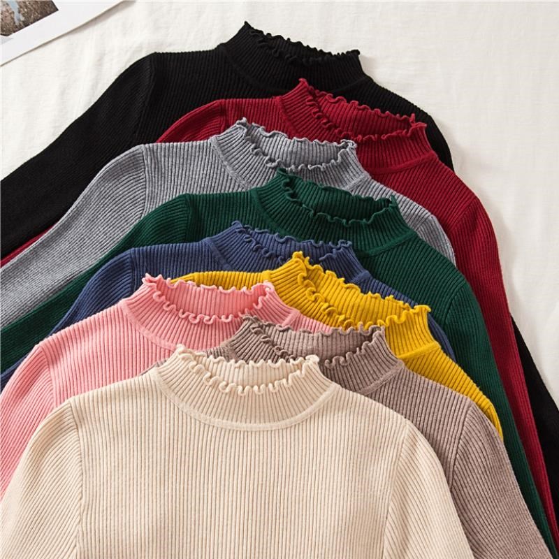 Core spun yarn new Korean solid color pullover with wooden ear edge backing sweater for women