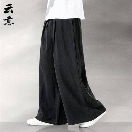 中式唐装亚麻休闲裤裙裤休闲风宽松运动阔腿长裤佛系男装禅服裤子