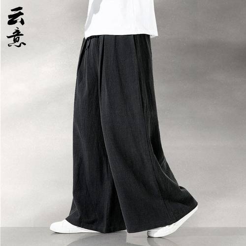 中式唐装亚麻休闲裤裙裤休闲风宽松运动阔腿长裤佛系男装禅服裤子