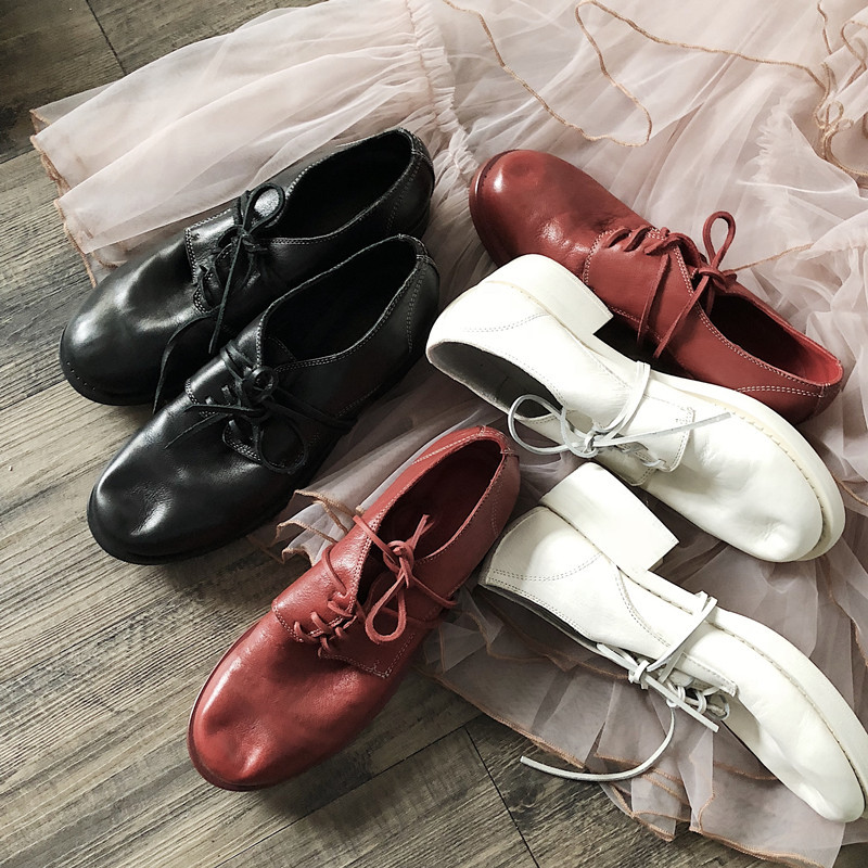 叮当家固特异圆头真皮单鞋 女秋2018粗中跟英