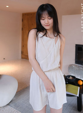 LNParty 夏季新款日系亚麻吊带背心短裤睡衣套装宽松舒适居家服女