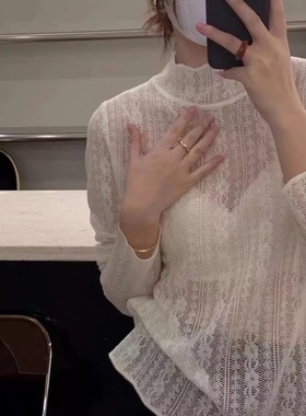 2025新款韩版半高领长袖针织衫女宽松显瘦百搭毛衣蕾丝打底上衣