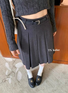 毛呢年韩系中裙压褶新款百褶高腰显瘦垂感百搭半身裙(配腰带）