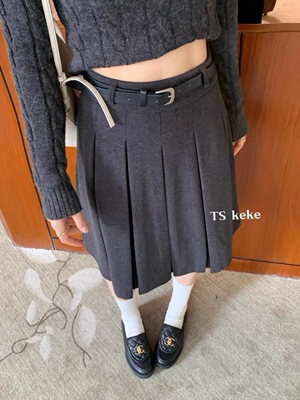 毛呢年韩系中裙压褶新款百褶高腰显瘦垂感百搭半身裙(配腰带）