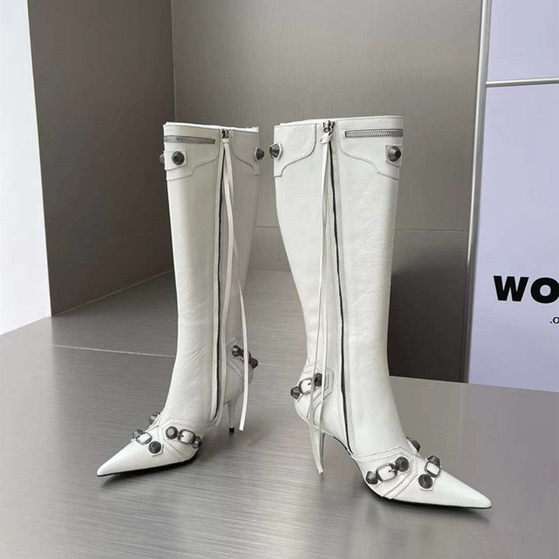 HAUTE COUTURE AUTUMN|WINTER POINTED-TOE HIGH HEELS STUDS HIGH BIKER BOOTS STILETTO HEELS LEATHER SIDE ZIPPERS SKINNY LEGS KNEE BOOTS