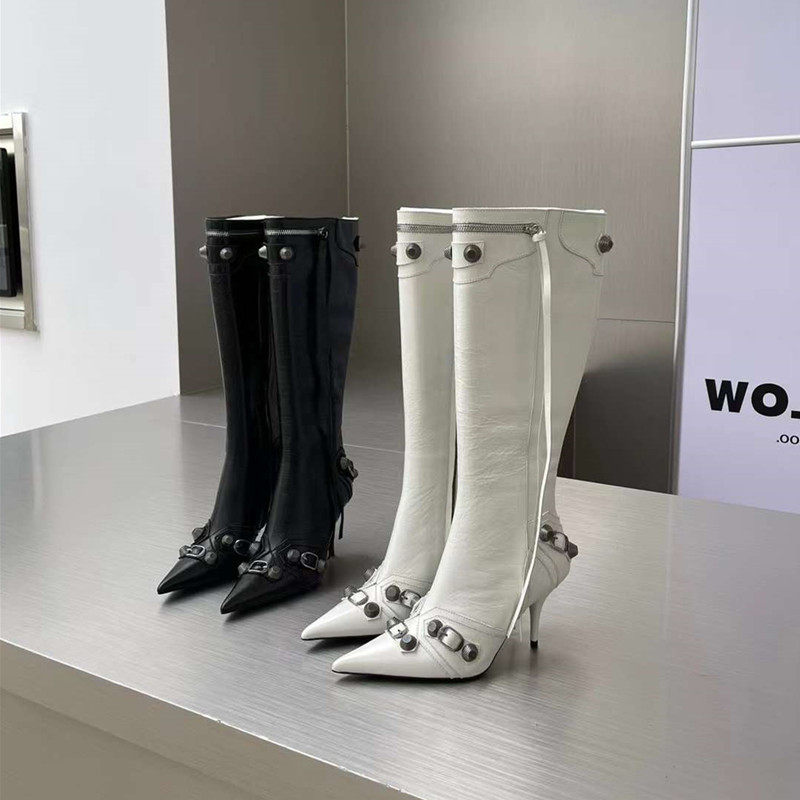 HAUTE COUTURE AUTUMN|WINTER POINTED-TOE HIGH HEELS STUDS HIGH BIKER BOOTS STILETTO HEELS LEATHER SIDE ZIPPERS SKINNY LEGS KNEE BOOTS