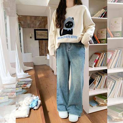 辣大尺码女装版 复古假一字口YMI袋直筒显瘦条型好看的超须边牛仔