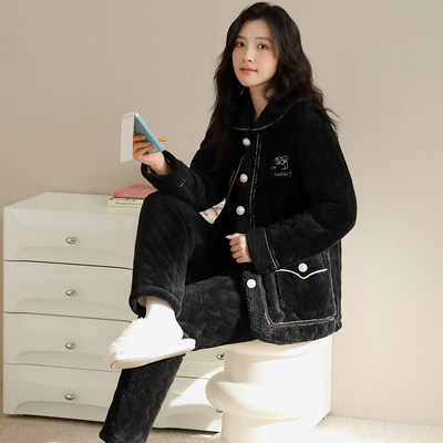 三层夹棉女士睡衣珊瑚绒加厚加绒秋冬季可外穿女款休闲家居服套装